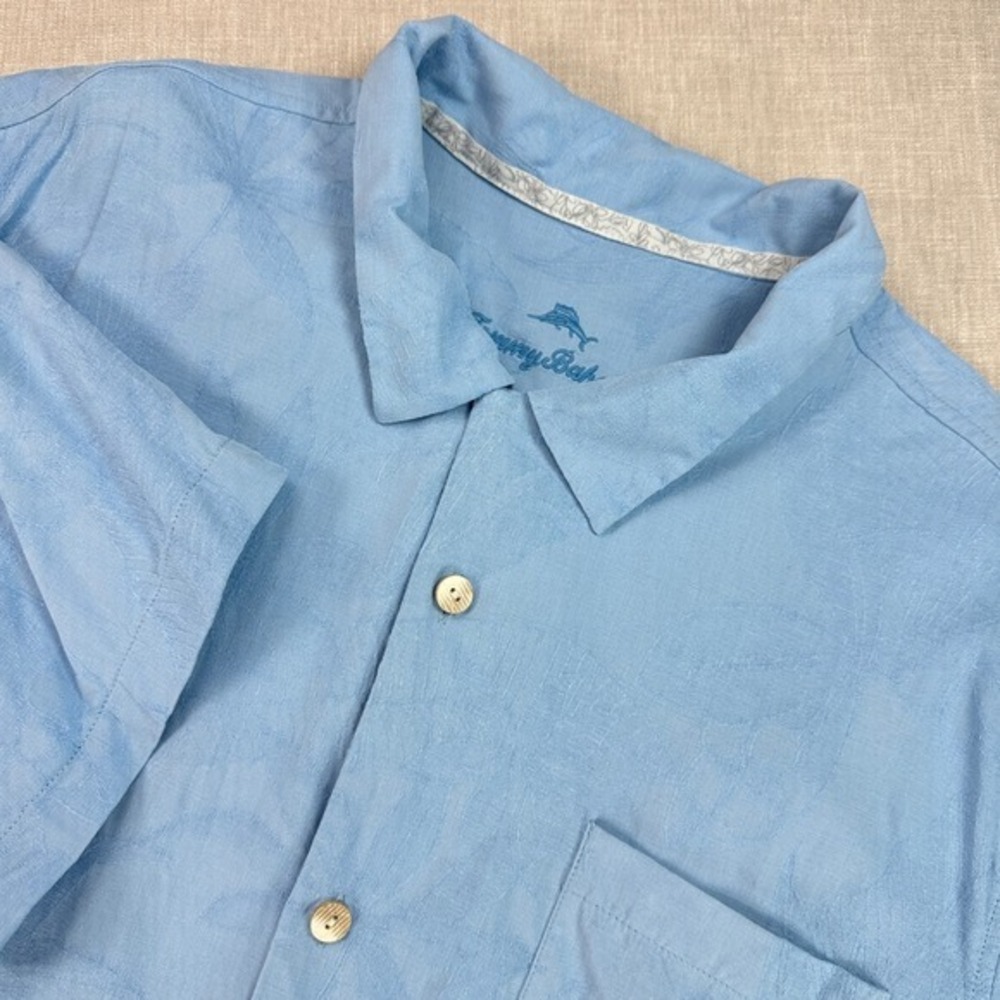 Tommy Bahama Silk Camp Shirt Mens XXL Blue Jacquard Palm Leaf Short Sleeve